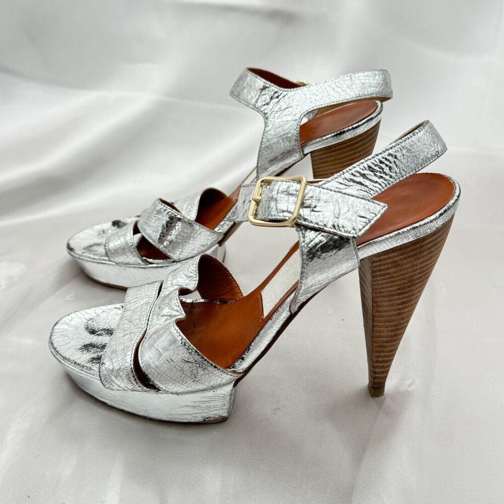Lanvin 2008 Collection Cracked Metallic Silver Leather High Platform Heel Size 6